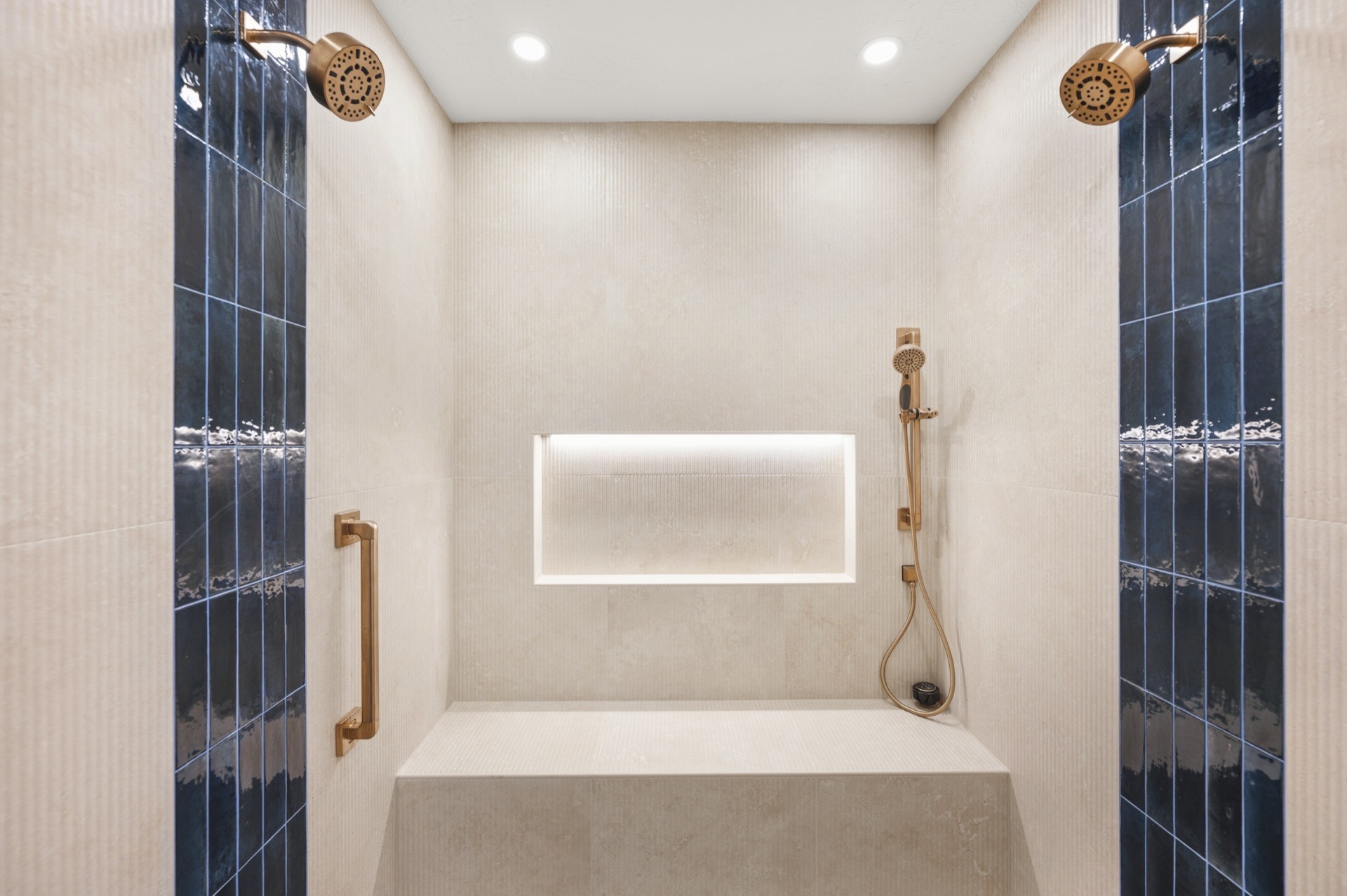 Fox Chase walk-in shower with dual brass heads