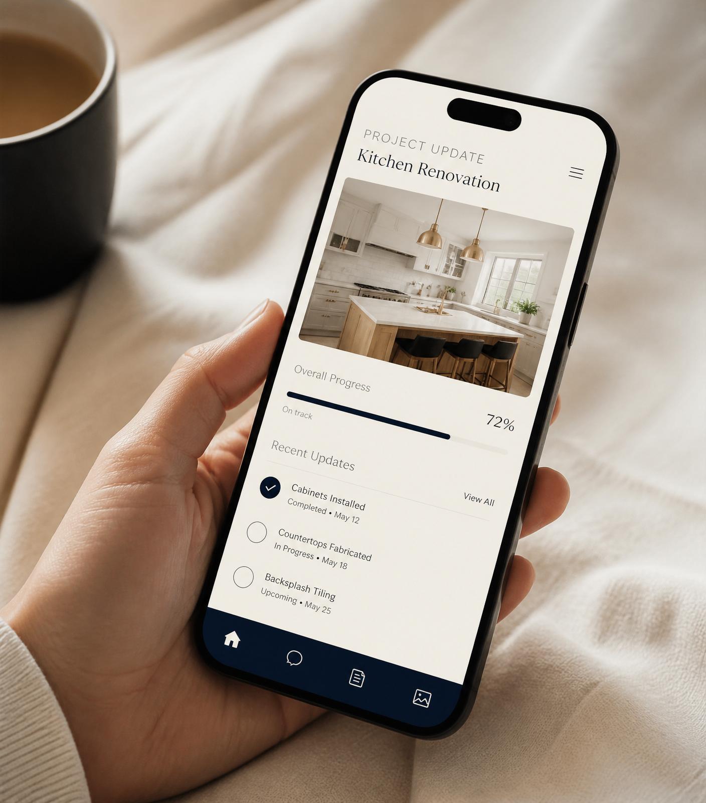 A mobile app interface showing daily project updates from Estate Renovations